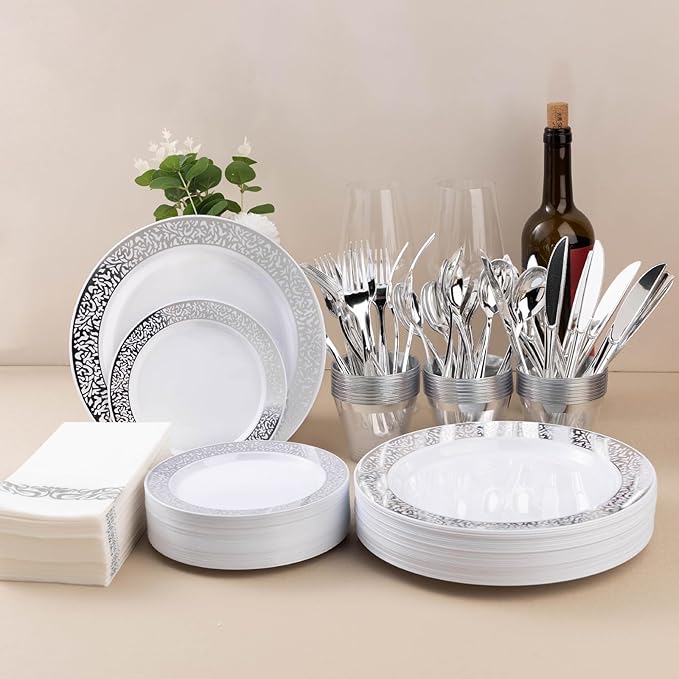 175PCS Silver Plastic Dinnerware Set for 25 Guests, Disposable Plates for Party, Wedding, Include 25 Dinner Plates, 25 Dessert Plates, 25 Set Silver Silverware, 25 Cups, 25 Napkins