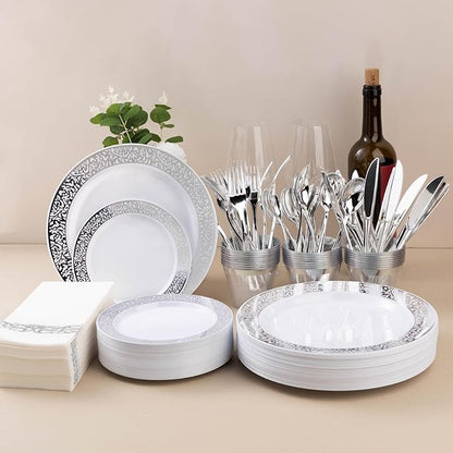 350PCS Silver Plastic Dinnerware Set for 50 Guests, Disposable Plates for Party, Wedding, Include 50 Dinner Plates, 50 Dessert Plates, 50 Set Silver Silverware, 50 Cups, 50 Napkins