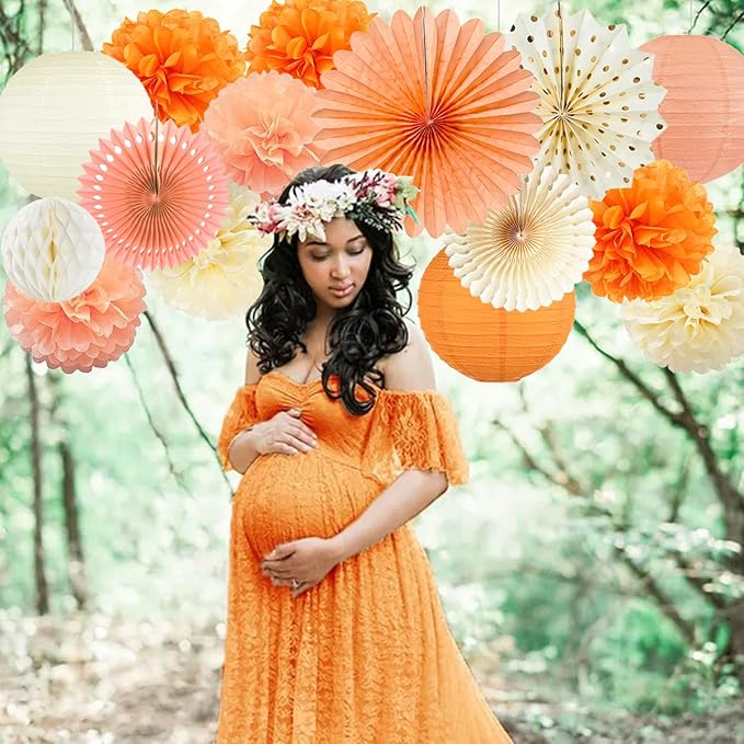 Beige Orange Peach Fall Boho Party Decorations Paper Lanterns Tissue Pom Poms Streamers Hanging Paper Fans for Autumn Harvest Birthday Thanksgiving Wedding Bridal Shower Baby Shower Party Decoration