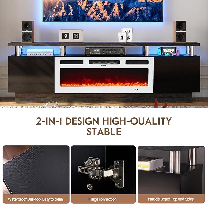 70" TV Stand for Living Room, Modern Entertainment Center & Media Console, Fits TVs up to 80", Storage Cabinet with Shelves, 36" Electric Fireplace with LED Flame