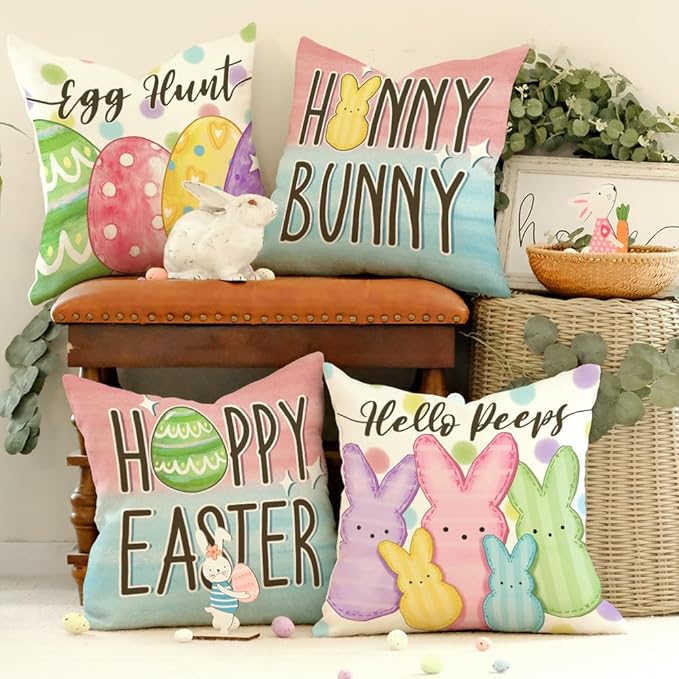 GEEORY Happy Easter Eggs Hello Peeps Throw Pillow Covers 18x18 Inch Set of 4, Hunny Bunny Polka Dots Spring Decorative Farmhouse Holiday Cushion Case for Home Decoration G687-18