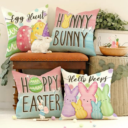 GEEORY Happy Easter Eggs Hello Peeps Throw Pillow Covers 18x18 Inch Set of 4, Hunny Bunny Polka Dots Spring Decorative Farmhouse Holiday Cushion Case for Home Decoration G687-18