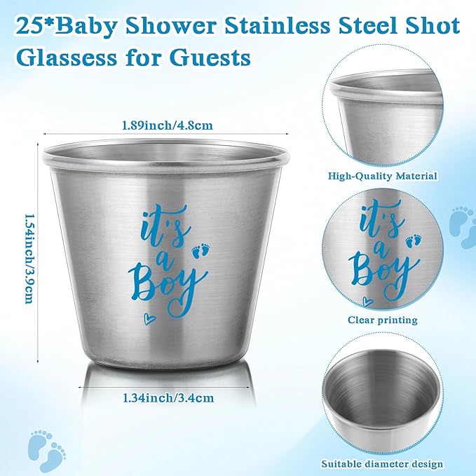 Vesici 25 Sets Baby Shower Party Favors Bottle Openers Keychains Stainless Steel Shot Thank You Tags Organza Bags Gender Reveal Favors for Guests Wedding Baby Shower Return Gift Girl Boy (Boy)