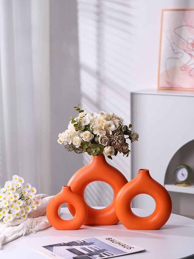 Modern Donut-Shaped Decorative Vases, Handmade Minimalist Boho ins Style, Modern Vase for Home Decor for Wedding Dinner Table Party Living Room Office Bedroom (Orange, Small)
