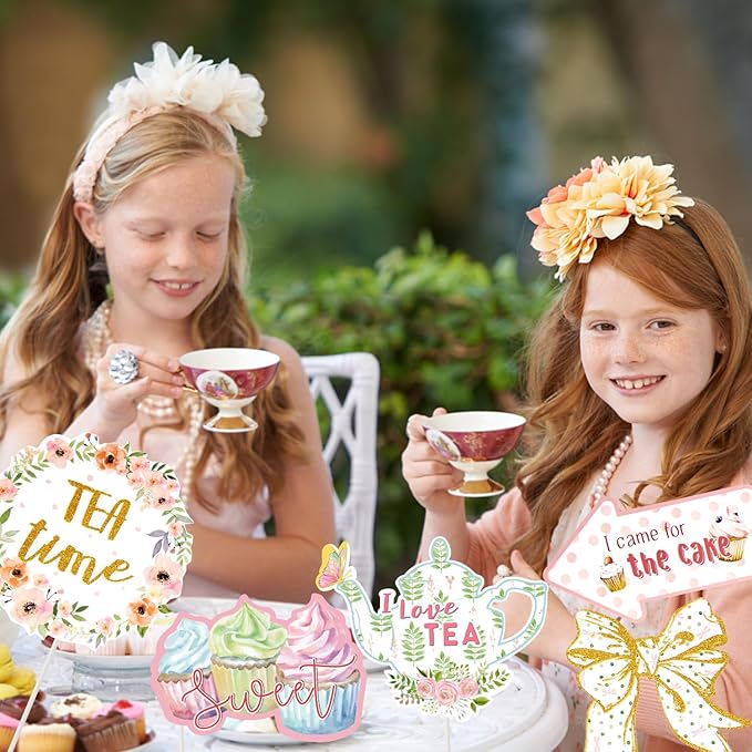 SUNBEAUTY 14 Pcs Tea Party Photo Booth Props Tea Party Decorations Alice in Wonderland Party Supplies Garden Party Bridal Shower for Girls Women