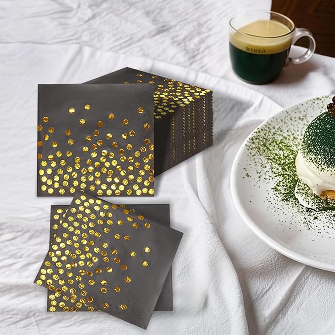 100 Pcs 6.5x6.5 Inch Disposable Black Gold Dot Paper Napkins