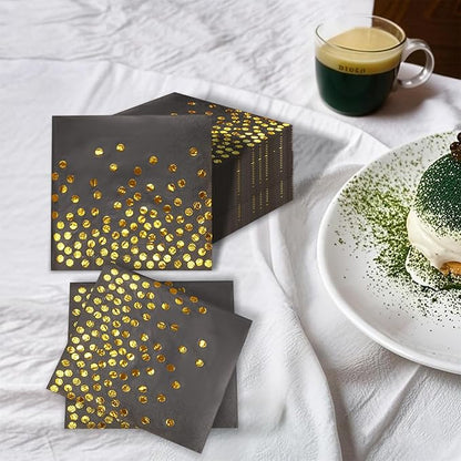 100 Pcs 6.5x6.5 Inch Disposable Black Gold Dot Paper Napkins