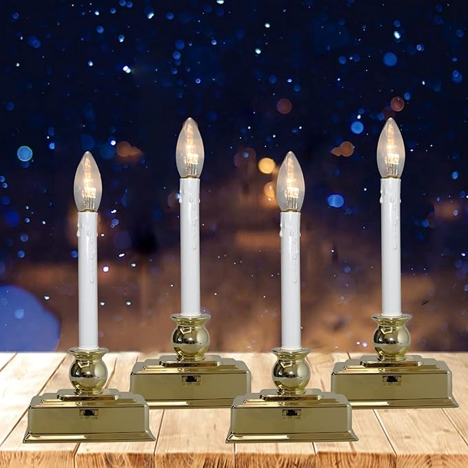 4 Pack Christmas Window Candles, 12 Inch Battery Operated LED Window Candles with Timer (8/16 Hour), 3V C26 Clear LED Bulb, Flameless Window Candle Lights for Christmas Table Party Decor-Gold Base