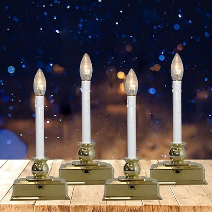 4 Pack Christmas Window Candles, 12 Inch Battery Operated LED Window Candles with Timer (8/16 Hour), 3V C26 Clear LED Bulb, Flameless Window Candle Lights for Christmas Table Party Decor-Gold Base