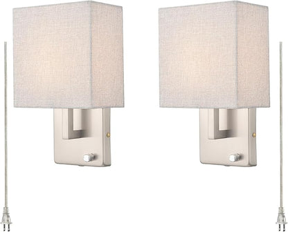 YUBOLE Modern Wall Sconces Brushed Nickel-Plug in(Received Version) and Hardwired Design Wall Light with Dimmable Switch for Bedroom Bathroom Set of 2