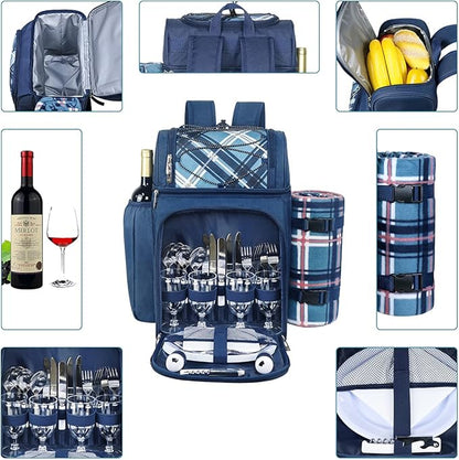Hap Tim Picnic Backpack for 4 Person with Blanket, Insulated Leakproof Cooler Compartment, Wine Holder, Cutlery Set, Gifts Ideals for Wedding, Housewarming, White Elephant, Bridal Showers(36079-BL)