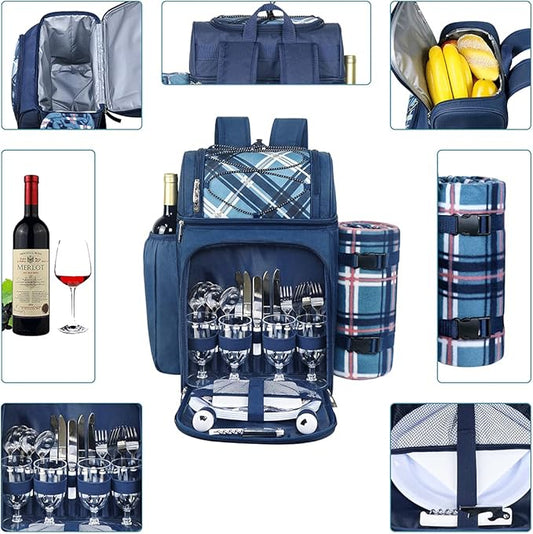 Hap Tim Picnic Backpack for 4 Person with Blanket, Insulated Leakproof Cooler Compartment, Wine Holder, Cutlery Set, Gifts Ideals for Wedding, Housewarming, White Elephant, Bridal Showers(36079-BL)