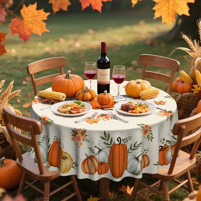 Eikione Fall Tablecloth 60Inch, Round Pumpkin Tablecloth, Thanksgiving Table Cover for Party Dining Picnic Table Decorations