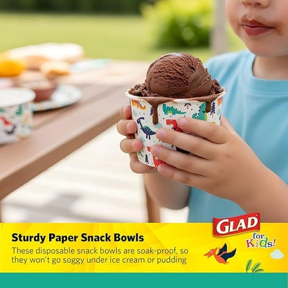 Glad for Kids Dinosaur Paper MINI Snack Bowls, Lids Not Included - Disposable Paper Cups with Dino Design for Kids, Heavy Duty Small Size, 6 Ounces, 20 Count