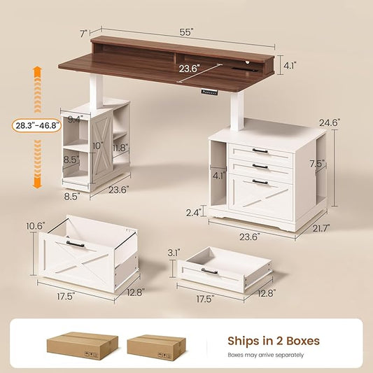 SEDETA Farmhouse Electric Standing Desk, 55" Height Adjustable Computer Desk with 3 Drawers, File Cabinet, Storage Shelves, Power Outlets, Wood Home Office Desk for Work, Study, Writing, White