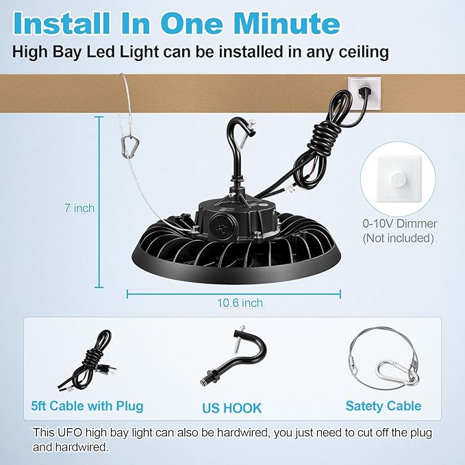 UFO Led High Bay Light 150W 120W 100W Adjustable 5000K 22500LM 1-10V Dimmable High Bay Led Lights ETL Listed US Hook 5' Cable Led High Bay Lighting for Factory Warehouse