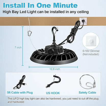 UFO Led High Bay Light 150W 120W 100W Adjustable 5000K 22500LM 1-10V Dimmable High Bay Led Lights ETL Listed US Hook 5' Cable Led High Bay Lighting for Factory Warehouse