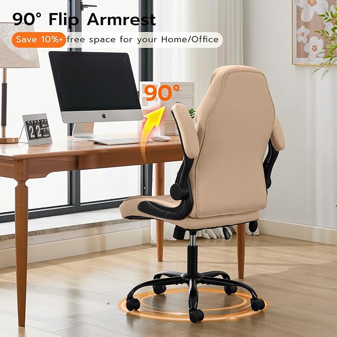 Office Desk Chair, Ergonomic Computer Chair with Padded Flip-Up Arms and Adjustable Lumbar Support, PU Leather Executive Chair with Tilt Lock and 360° Swivel Rolling Wheels for Work, Study