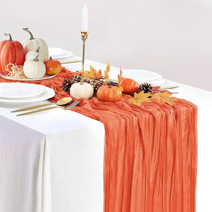 Orange Cheesecloth Table Runner 10FT Fall Thanksgiving Gauze Table Runner Cheesecloth Fabric Rustic Burnt Orange Cheese Cloth Runner Boho Sheer Table Cloth Runner for Birthday Wedding Banquet