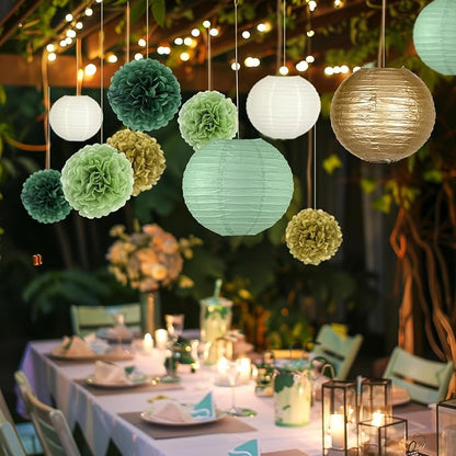 15pcs Hanging Party Decorations Set, Sage Green Gold Paper Flowers Pom Poms Balls and Paper Lanterns for Rustic Party Bridal Shower Wedding Sage Green Birthday Party Supplies