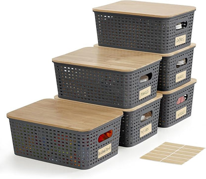 Small Plastic Storage Bins with Bamboo Lids 5.2qt Stackable Box Basket Pantry Decorative Containers Cute with Lable for Organizing Desktop Closet Office Gray of 6 packs 10 * 7.2 * 4.1"