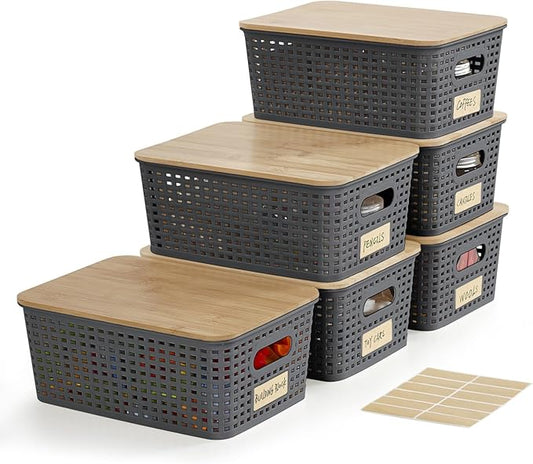 Small Plastic Storage Bins with Bamboo Lids 5.2qt Stackable Box Basket Pantry Decorative Containers Cute with Lable for Organizing Desktop Closet Office Gray of 6 packs 10 * 7.2 * 4.1"