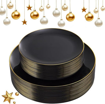 KIRE 60PCS Black Plastic Plates - Black Disposable Plates with Gold Rim for Halloween Party/Graduation - Include 30Pcs 10.25inch for Dinner and 30Pcs 7.5inch for Dessert