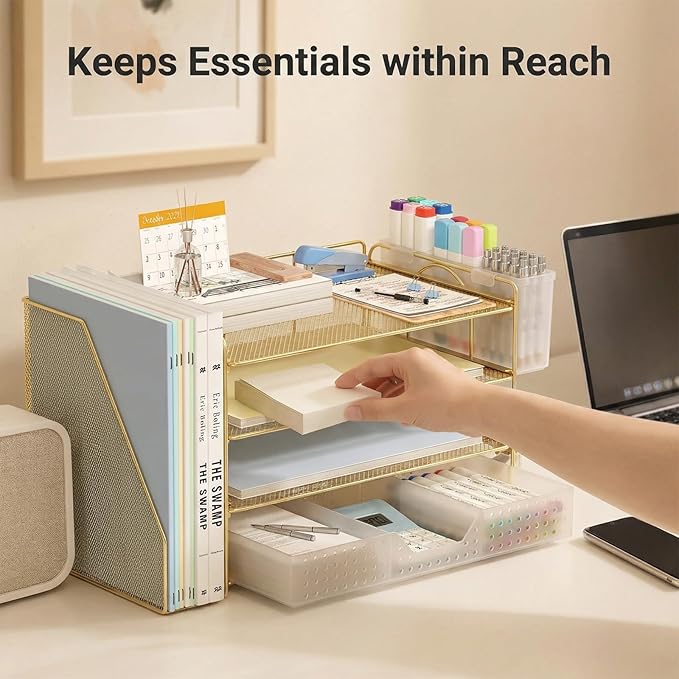 Desk Organizer, 4-Tier Paper Organizer Letter Tray with File Holder, Drawer and 2 Pen Holders, Desktop File Organizer for Office Supplies, Workspace Storage, Gold