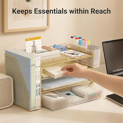 Desk Organizer, 4-Tier Paper Organizer Letter Tray with File Holder, Drawer and 2 Pen Holders, Desktop File Organizer for Office Supplies, Workspace Storage, Gold