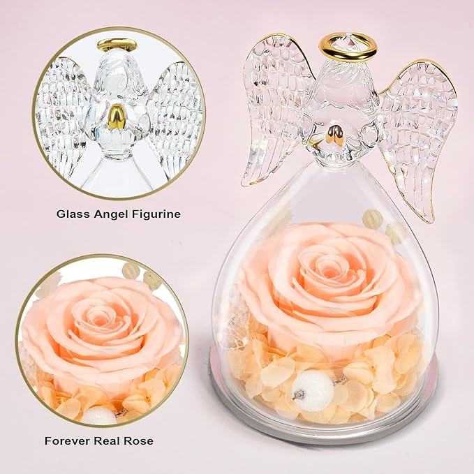 Yamonic Angel Figurine with Preserved Rose, Champagne, Gifts for Mom Grandma, Mothers Day, Christmas, Anniversary, Birthday