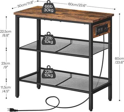 HOOBRO End Table, 3-Tier Narrow Side Table with Charging Station, Nightstand with 2 Flat or Slant Adjustable Shelves for Small Spaces, Living Room, Bedroom, Rustic Brown and Black BF23UBZ01G1