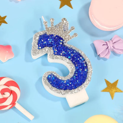 Blue Birthday Candle Crown Number 3 Candle with Sequins Cake Candles Cupcake Decorations Party Decor for Anniversary Celebrations Supplies