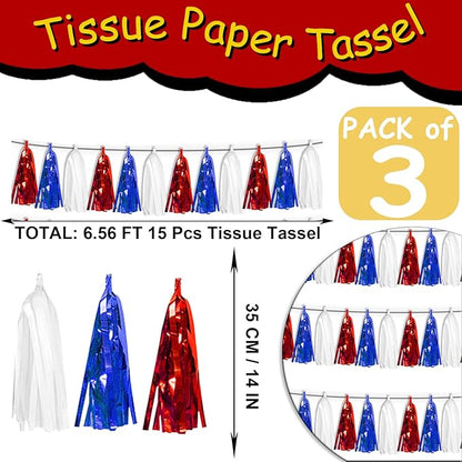 3P White Blue Red Tassel Banner Garland Metallic Foil Fringe Banner Tinsel Streamer Banner Backdrop for Parade Floats Graduation, Independence Day, 4th of july, Patriotic Themed Party Decoration