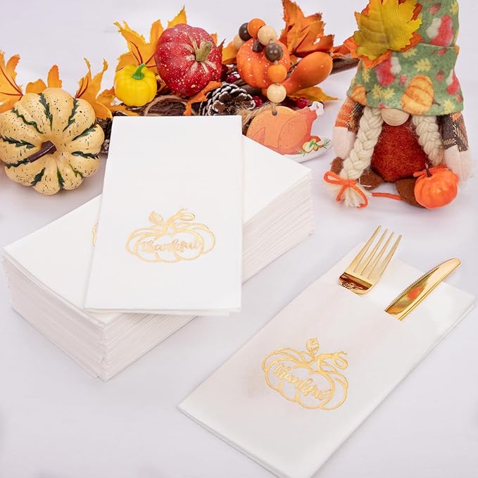 100PCS Thanksgiving Napkins Disposable - White and Gold Paper Napkins with Built-in Flatware Pocket Prefolded Cloth Like - Heavy-duty Linen-Feel Dinner Napkins for Thanksgiving & Dinner