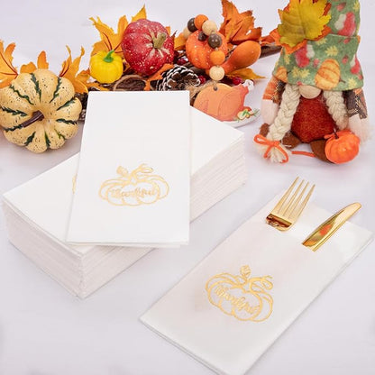 100PCS Thanksgiving Napkins Disposable - White and Gold Paper Napkins with Built-in Flatware Pocket Prefolded Cloth Like - Heavy-duty Linen-Feel Dinner Napkins for Thanksgiving & Dinner