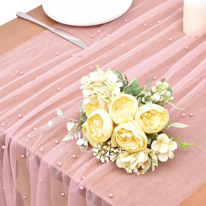 Dusty Rose Pearl Fall Thanksgiving Table Runner Boho Rustic Tulle Lace Table Runner for Baby Shower Wedding Arch Decor Veil Dessert Table Decor 3pcs