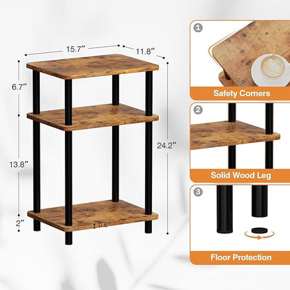 Apicizon 3 Tier End Table, Boho Side Table with Storage Shelf, Nightstand Bedside Table for Small Spaces, Bedroom, Living Room, Entryway, Farmhouse, Easy Assembly,Brown
