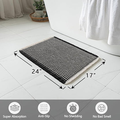 MIULEE Set of 2 Waffle Bathroom Rugs, Boho Bath Rugs Non Slip Washable, Super Absorbent Bath Mats, Ultra Soft Rubber Backed Shower Mats for Bathroom Floor, Tub and Shower, Black & Cream, 17x24 Inch