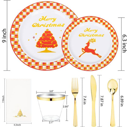 Ciaell 175PCS Christmas Plastic Plates - Red and Gold Plaid Plates include 25Dinner Plate, 25Dessert Plate, 25Knives, 25Forks, 25Spoons, 25cups, 25 Christmas Napkins for Christmas Party