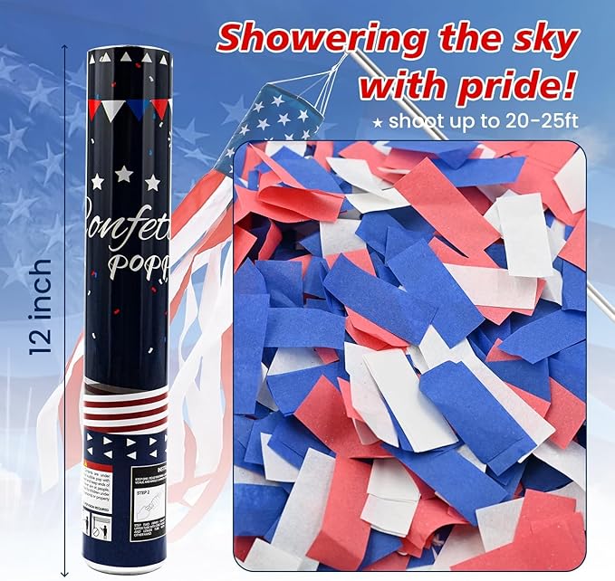 Confetti Cannon 12 Pack Party Poppers 4th of July Patriotic Confetti Poppers for July 4th Decor Biodegradable Poppers Red White Blue Independence Day Confetti Shooter for Celebration Party Decorations