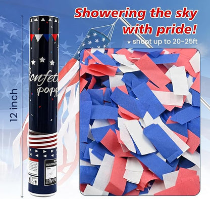 Confetti Cannon 12 Pack Party Poppers 4th of July Patriotic Confetti Poppers for July 4th Decor Biodegradable Poppers Red White Blue Independence Day Confetti Shooter for Celebration Party Decorations
