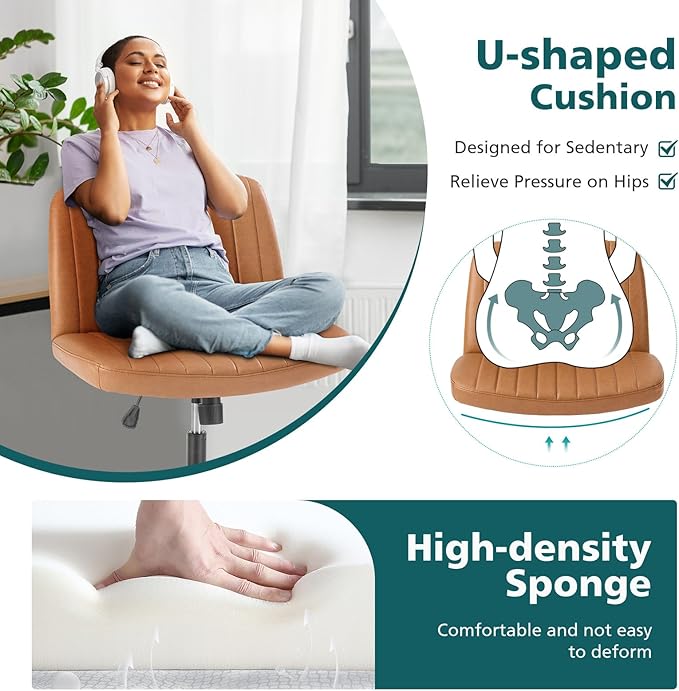 OLIXIS Criss Cross Chair with Wheels Wide Cross Legged Office Desk Vanity Chair Comfy Fabric Armless Adjustable Swivel for Home Computer Task PU Brown
