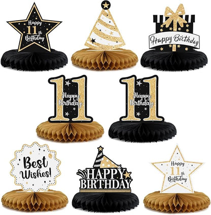 Happy 11th Birthday Decorations,11th Birthday Gold Glitter Shiny Stand Honeycomb Table Centerpieces - Cheers to Eleven Years Old Birthday Party Photoprop Gift Sign.