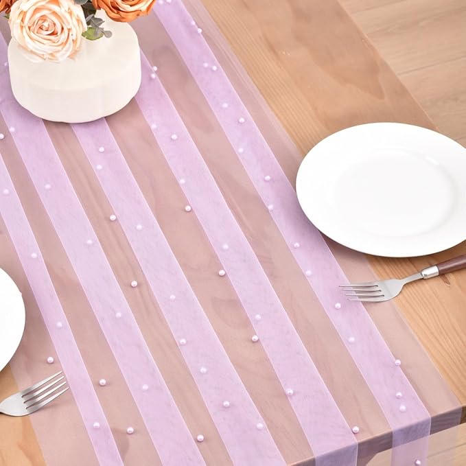 Lilac Pearl Fall Thanksgiving Table Runner Boho Rustic Tulle Lace Table Runner for Baby Shower Wedding Arch Decor Veil Dessert Table Decor