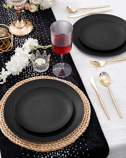 WONDERFUL 32pcs Black Plates Black Plastic Plates Unbreakable and Reusable Plastic Plate Dishwasher safe Dishes Set Includes:16 Dinner 10" & 16 Dessert Plate 7.3" Suitable for Christmas New Year