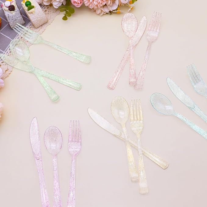 150 PCS Clear Pastel Plastic Silverware Disposable Pastel Utensils Set Heavy Duty Includes 50 Forks 50 Knives 50 Spoons for Birthday Wedding Baby Shower, Tea Party
