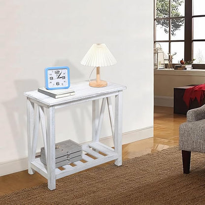 Farmhouse Narrow End Table Wooden Rustic White Side Tables with Storage Shelves Narrow Sofa Table for Small Spaces Living Room Bedroom Bathroom Dorm
