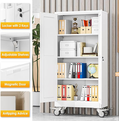 61''H Metal Garage Storage Cabinet with Wheels,Steel File Cabinets with 2 Doors and 3 Adjustable Shelves for Home Office, Warehouse, Required Assembly,White