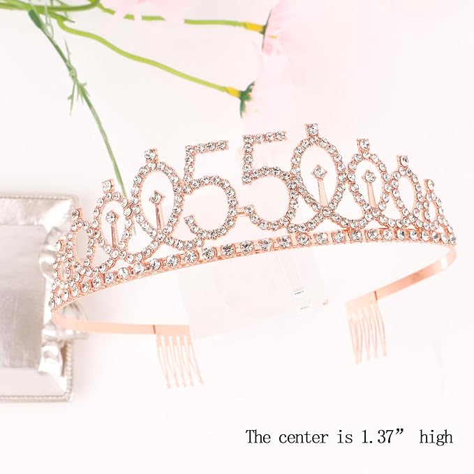 CIEHER 55th Birthday Crown & Sash Set - Pearl Pin Tiara, Fabulous 55th Birthday Decorations for Women