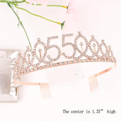 CIEHER 55th Birthday Crown & Sash Set - Pearl Pin Tiara, Fabulous 55th Birthday Decorations for Women